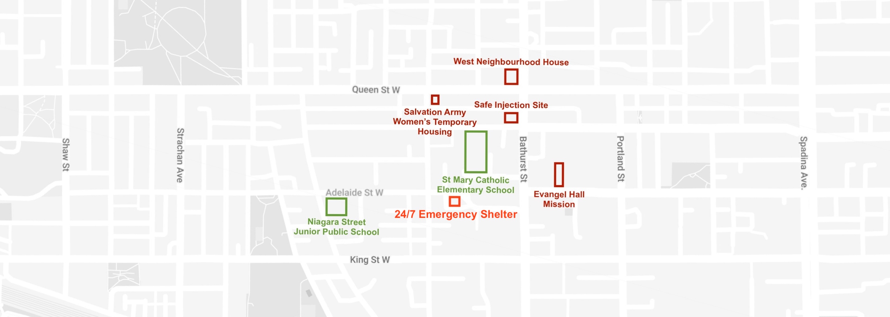 Map of Planned Respite Center at 629 Adelaide St W near St Mary Catholic Elementary School